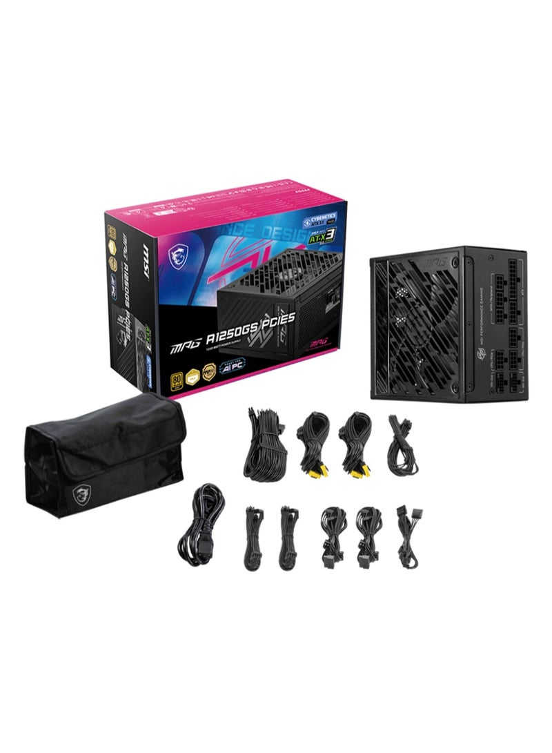 MSI MPG A1250GS PCIE5 1250W ATX 3.1 Fully Modular Power Supply, 80 Plus Gold Efficiency, PCIe 5.1 Dual 12V-2×6 Connectors, 135mm FDB Fan, Zero Fan Mode, High-End Gaming PSU, Black | 306-7ZPFX18-CEO - Image 1